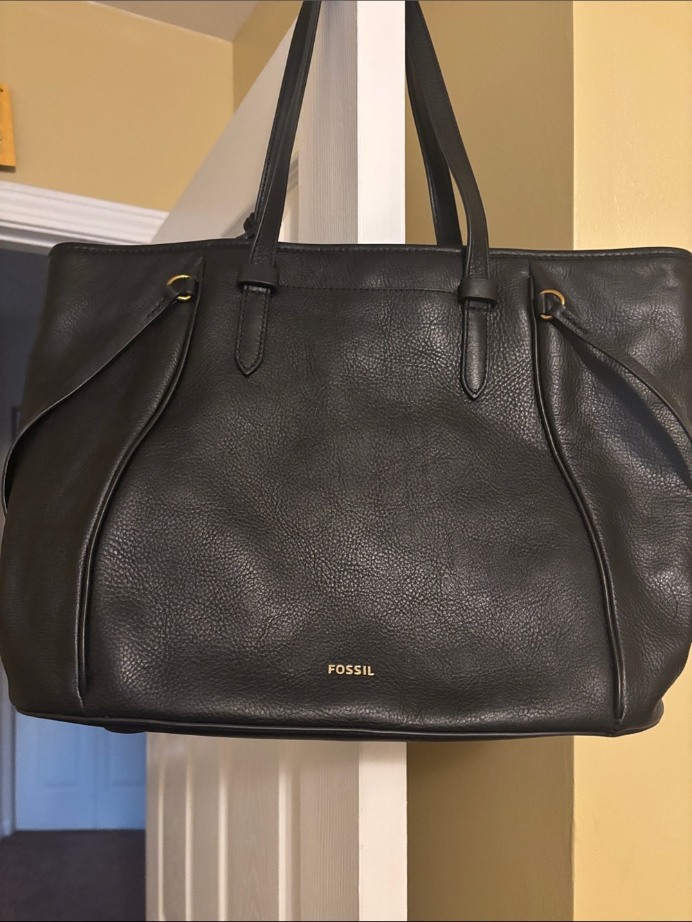 Fossil Black Pebbled Leather Tote with Gold Hardware